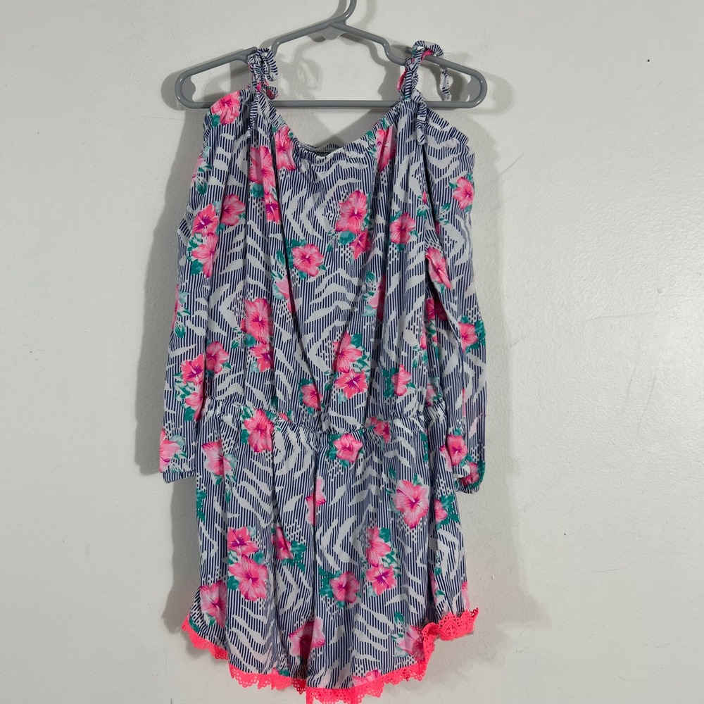 Limited Too Romper Girls 12 Blue Floral Cold Shoulder Tropical‎ Lace